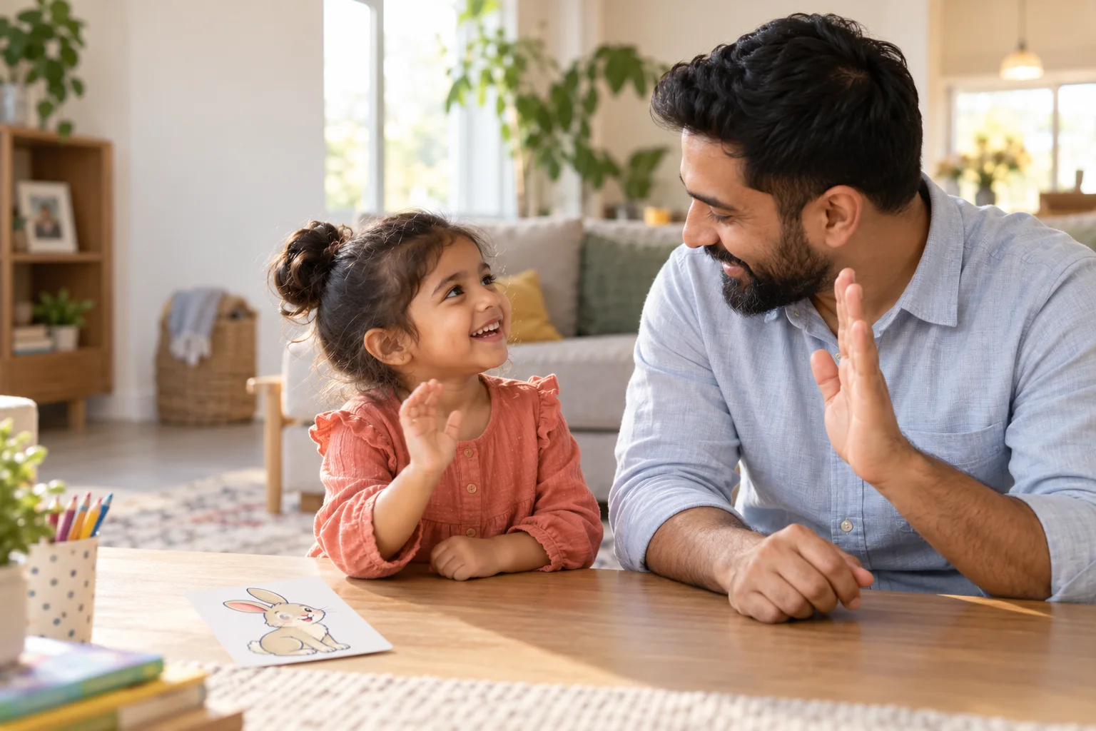 A father and daughter smiling and waving hello to each other at home