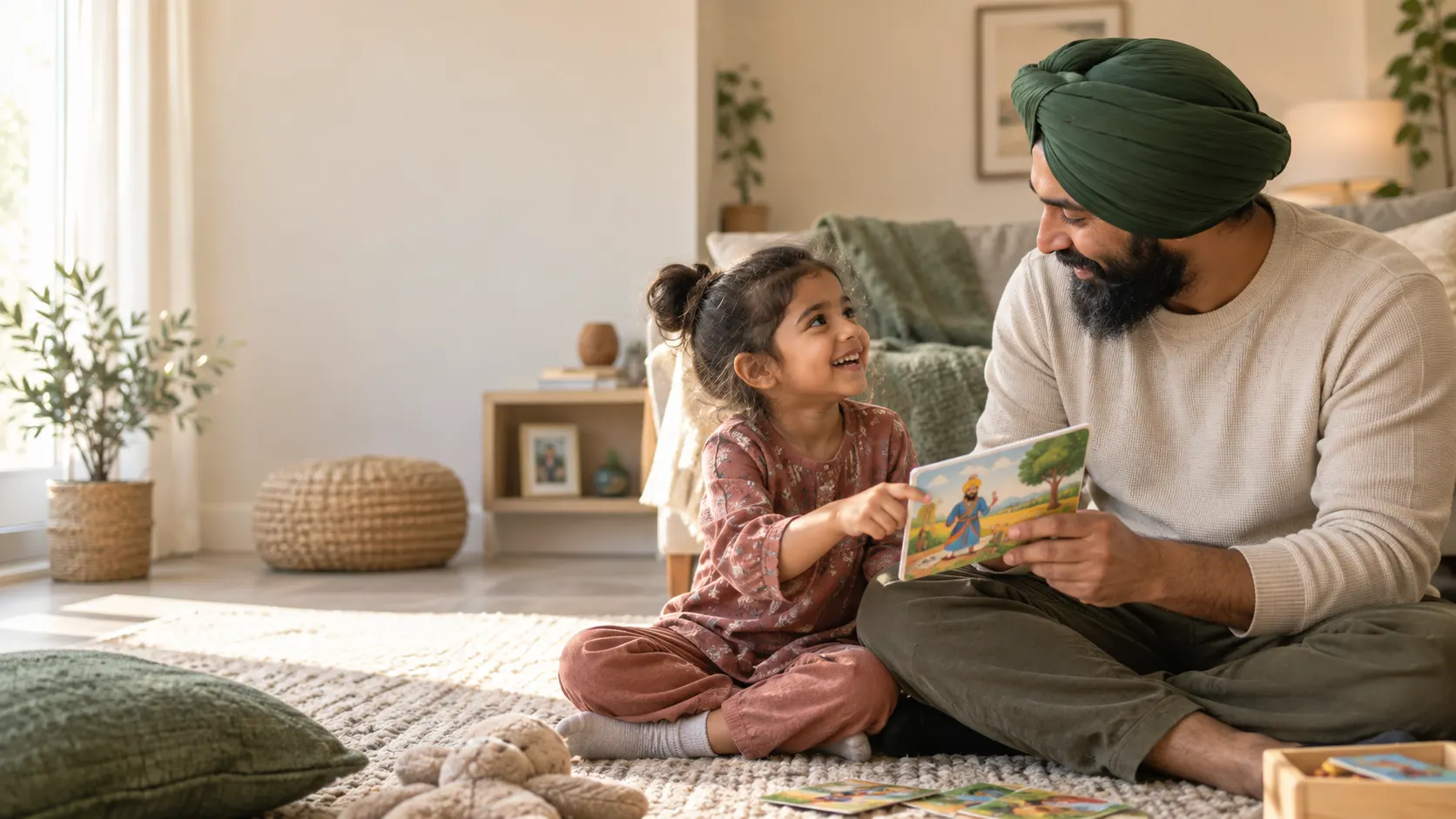 A father and daughter sharing language cards together at home